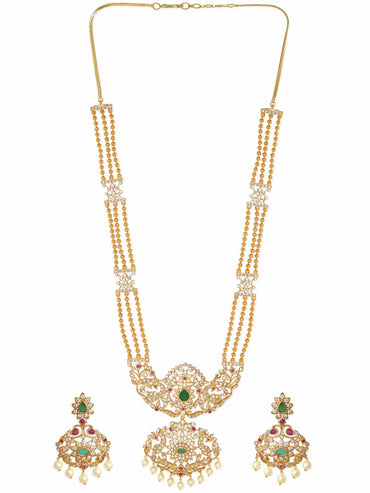 Rubans Regal Gold Tone Temple Necklace Set with Green, Pink & White Stones Jewellery Sets
