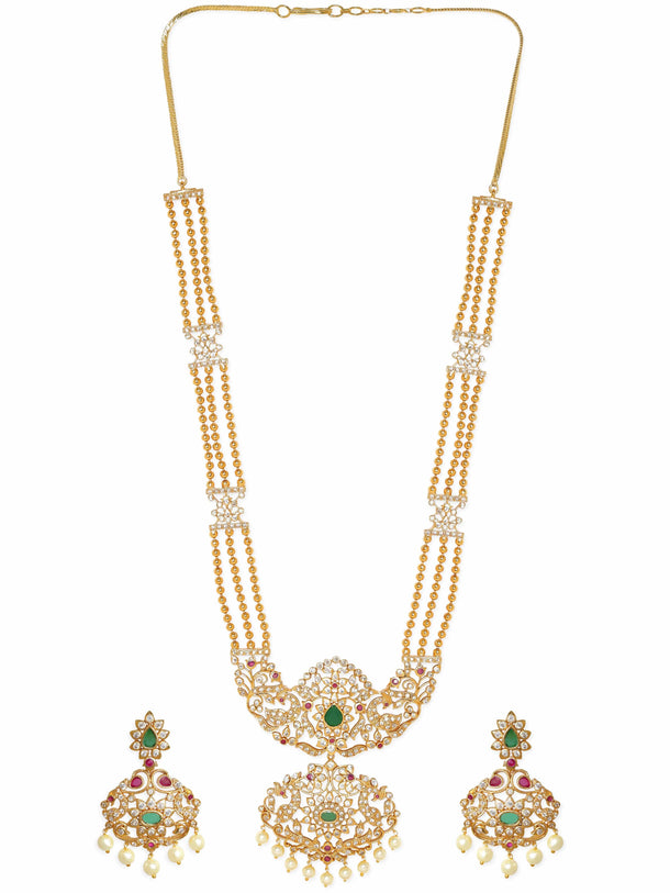 Rubans Regal Gold Tone Temple Necklace Set with Green, Pink & White Stones Jewellery Sets