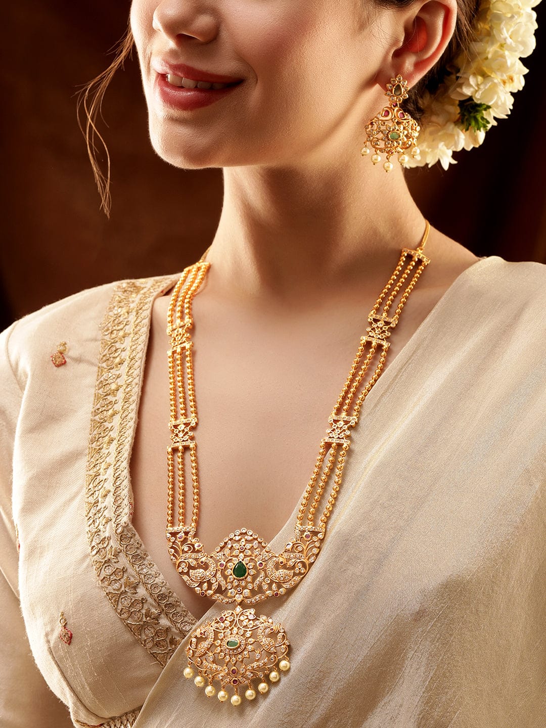 Rubans Regal Gold Tone Temple Necklace Set with Green, Pink & White Stones Jewellery Sets