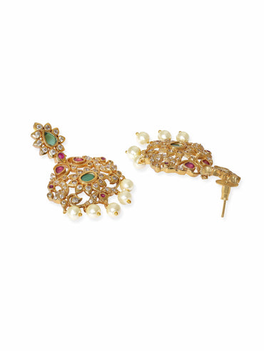 Rubans Regal Gold Tone Temple Necklace Set with Green, Pink & White Stones Jewellery Sets