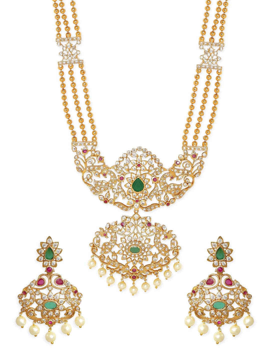 Rubans Regal Gold Tone Temple Necklace Set with Green, Pink & White Stones Jewellery Sets