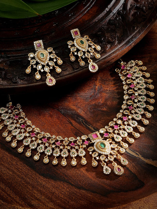Rubans Regal Gold Tone Temple Necklace Set with Multicolored Stones by Rubans Jewellery Sets