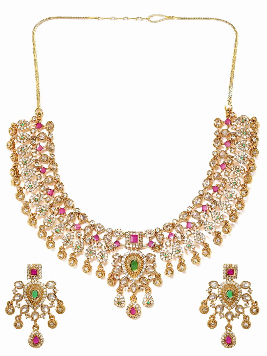 Rubans Regal Gold Tone Temple Necklace Set with Multicolored Stones by Rubans Jewellery Sets