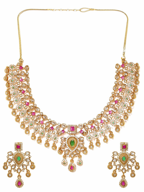 Rubans Regal Gold Tone Temple Necklace Set with Multicolored Stones by Rubans Jewellery Sets