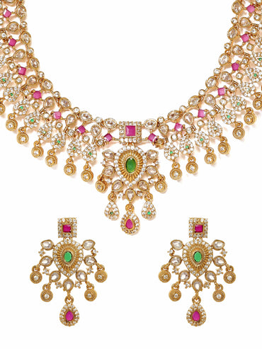Rubans Regal Gold Tone Temple Necklace Set with Multicolored Stones by Rubans Jewellery Sets