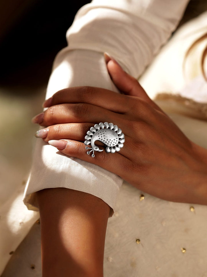 Rubans Regal Plumage Oxidized Silver Peacock Motif Adjustable Ring Rings