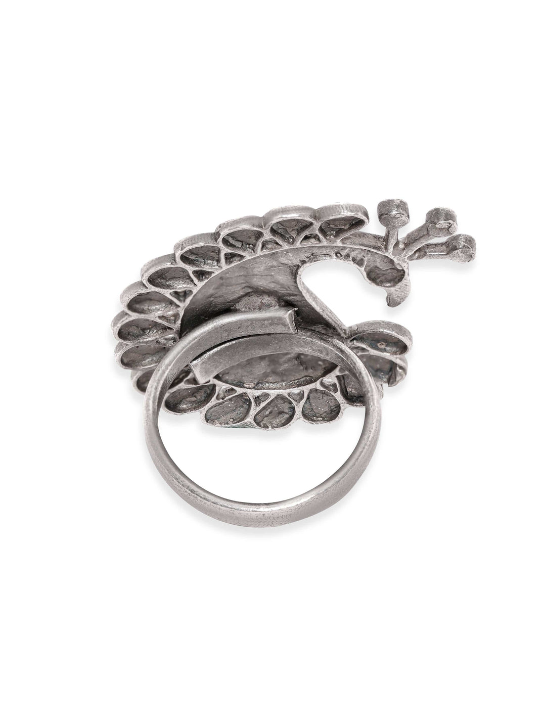 Rubans Regal Plumage Oxidized Silver Peacock Motif Adjustable Ring Rings