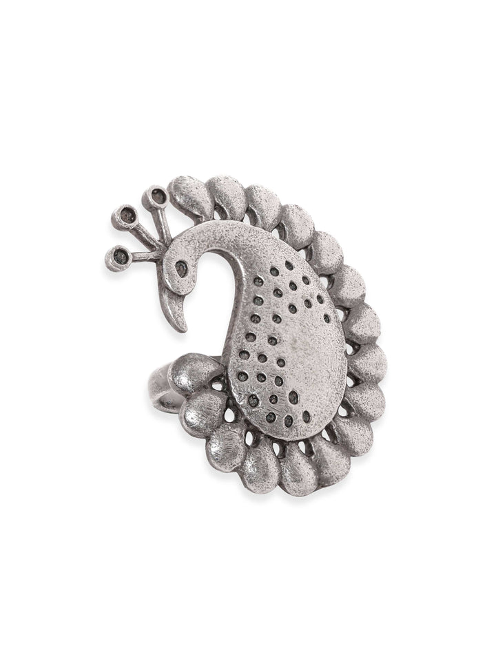 Rubans Regal Plumage Oxidized Silver Peacock Motif Adjustable Ring Rings