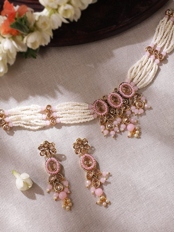 Rubans Reverse AD Choker Set with Whispers of White and Pink Beads Jewellery Sets