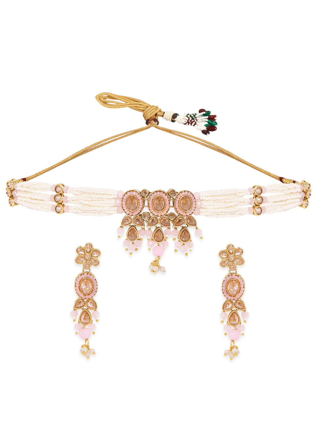 Rubans Reverse AD Choker Set with Whispers of White and Pink Beads Jewellery Sets