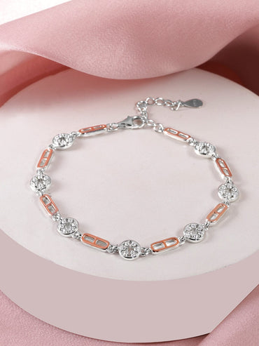 Rubans Rhodium plated 925 Sterling silver Zirconia & Rose gold link detail bracelet Bangles & Bracelets