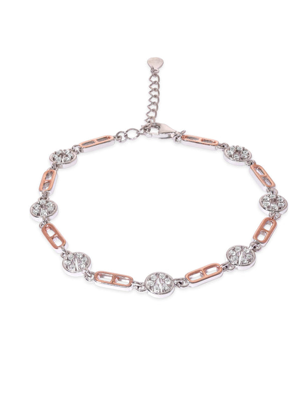 Rubans Rhodium plated 925 Sterling silver Zirconia & Rose gold link detail bracelet Bangles & Bracelets