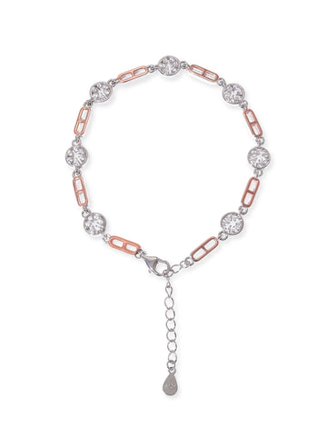 Rubans Rhodium plated 925 Sterling silver Zirconia & Rose gold link detail bracelet Bangles & Bracelets