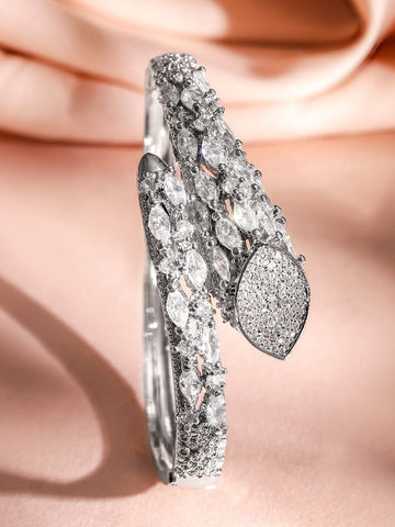 Rubans Rhodium-Plated AAA Cubic Zirconia Studded Demi-Fine Openable Bracelet in Silver Tone for Women Bangles & Bracelet