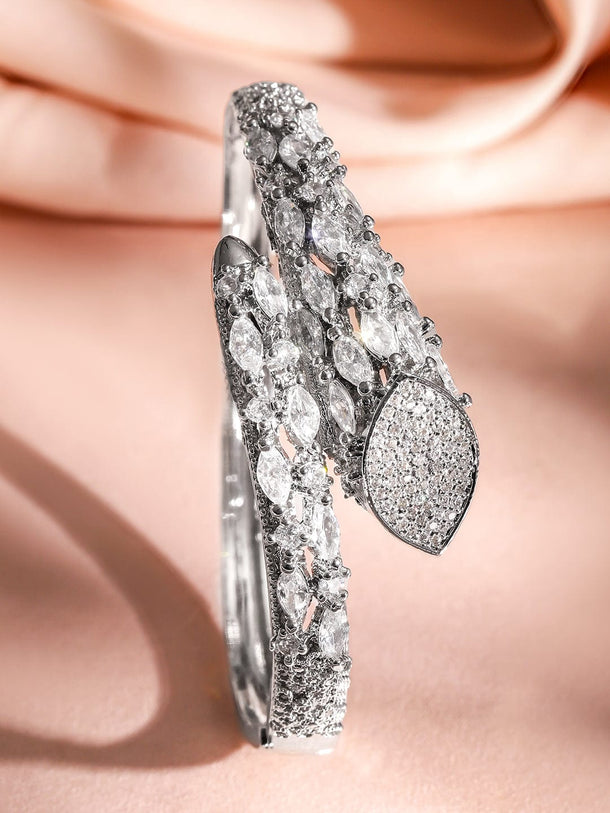 Rubans Rhodium-Plated AAA Cubic Zirconia Studded Demi-Fine Openable Bracelet in Silver Tone for Women Bangles & Bracelet