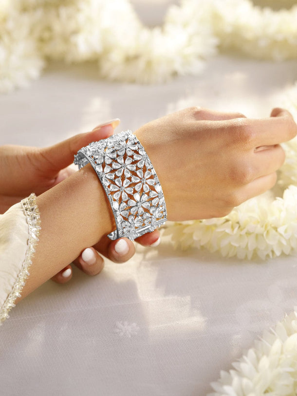 Rubans Rhodium-Plated AAA Cubic Zirconia Studded Handcrafted Openable Premium Bracelet Bracelet