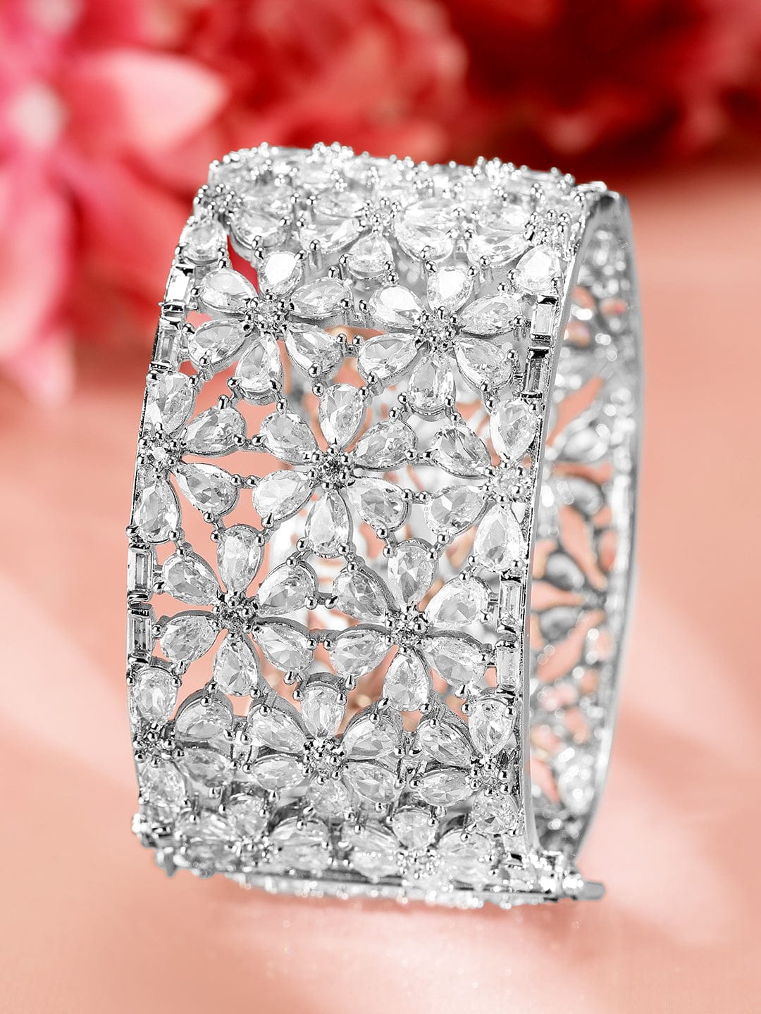 Rubans Rhodium-Plated AAA Cubic Zirconia Studded Handcrafted Openable Premium Bracelet Wristwear