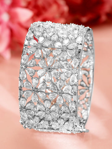 Rubans Rhodium-Plated AAA Cubic Zirconia Studded Handcrafted Openable Premium Bracelet Wristwear