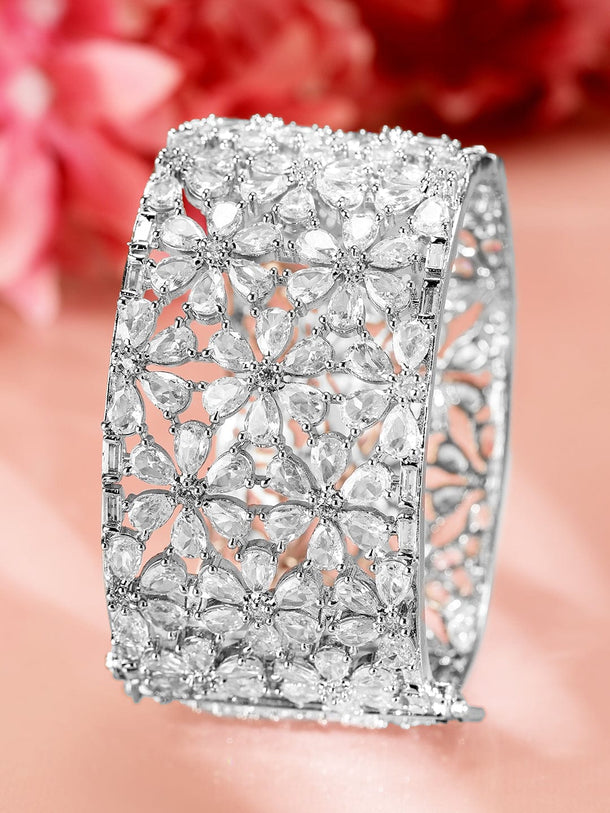 Rubans Rhodium-Plated AAA Cubic Zirconia Studded Handcrafted Openable Premium Bracelet Wristwear