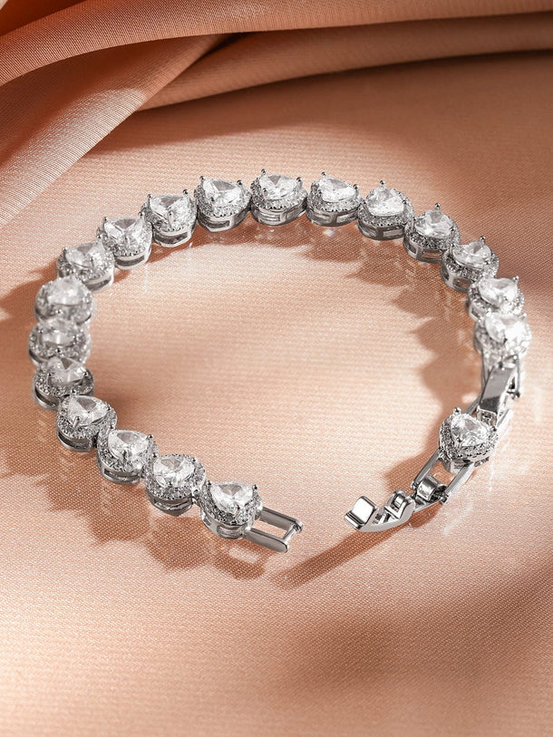 Rubans Rhodium-Plated AAA Cubic Zirconia Studded Heart Tennis Bracelet Elegant & Timeless Design Wristwear
