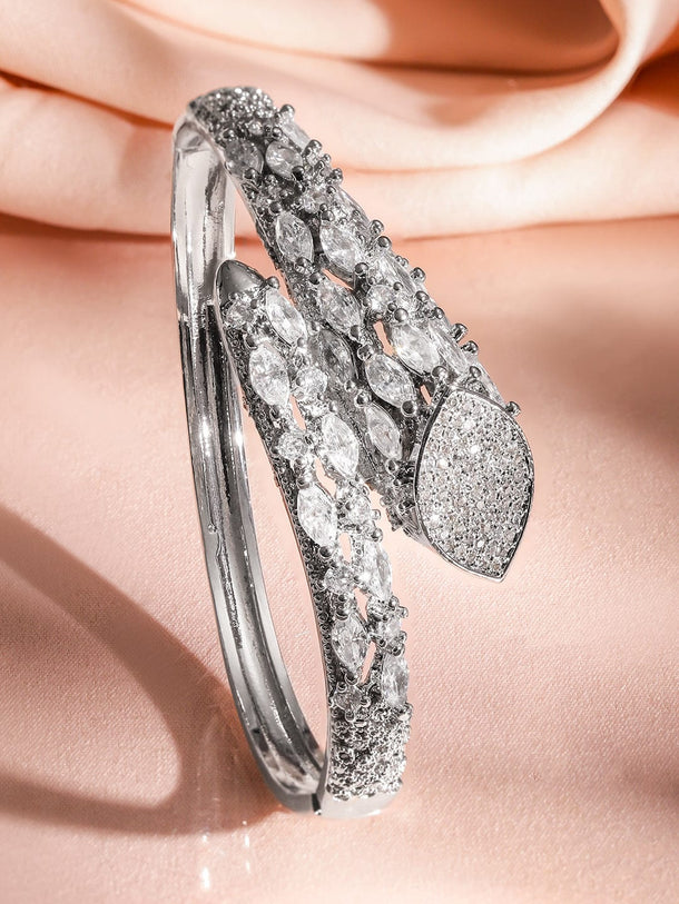 Rubans Rhodium-Plated AAA Cubic Zirconia Studded Luxe Openable Bracelet in Silver Tone Wristwear