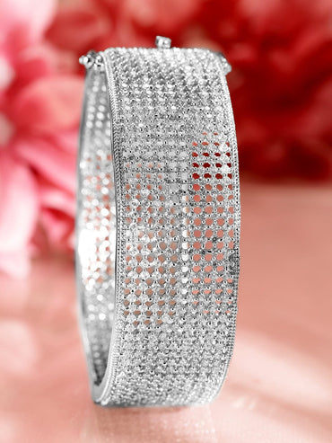 Rubans Rhodium-Plated AAA Cubic Zirconia Studded Premium Openable Bangle Bracelet Bracelet