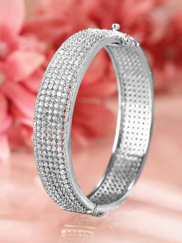Rubans Rhodium-Plated AAA Cubic Zirconia Studded Premium Openable Bangle Bracelet Wristwear