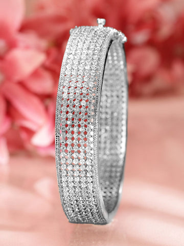 Rubans Rhodium-Plated AAA Cubic Zirconia Studded Premium Openable Bangle Bracelet Wristwear