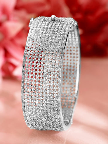 Rubans Rhodium-Plated AAA Cubic Zirconia Studded Premium Openable Bangle Bracelet Wristwear