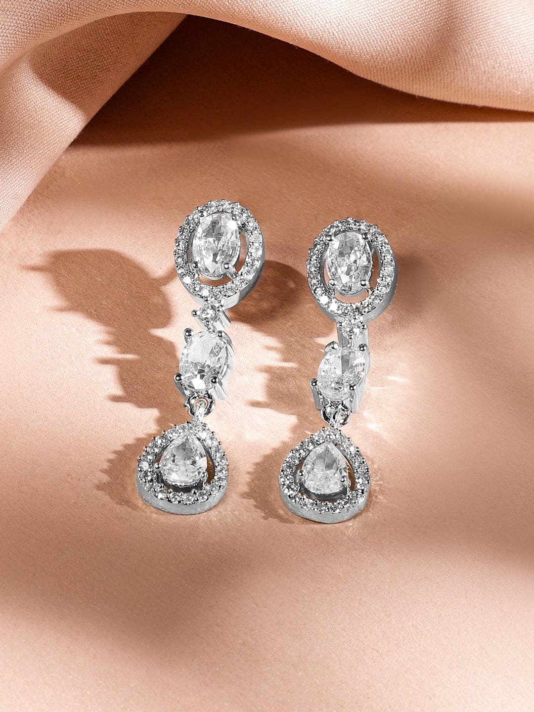 Rubans Rhodium-Plated AAA Cubic Zirconia Studded Teardrop & Halo Design Luxe Statement Necklace Set in Silver Tone for Women Jewellery Set