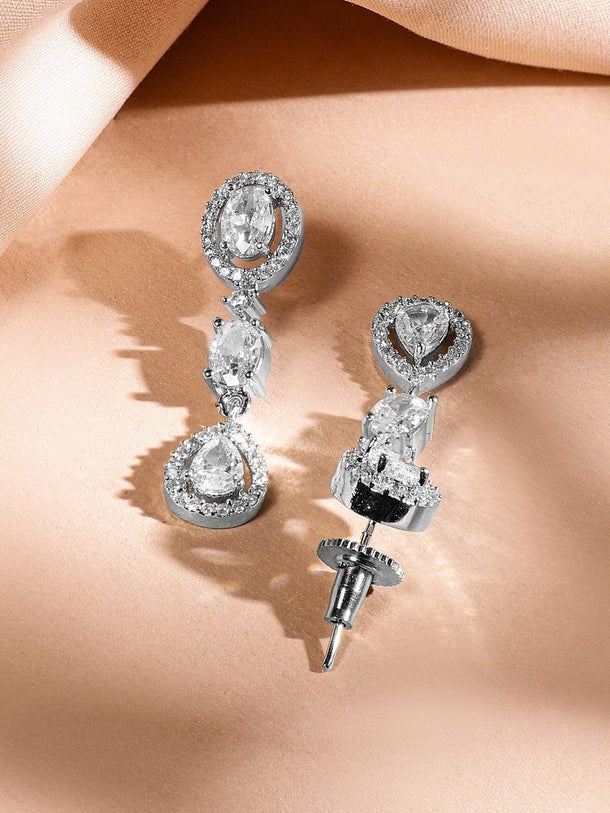 Rubans Rhodium-Plated AAA Cubic Zirconia Studded Teardrop & Halo Design Luxe Statement Necklace Set in Silver Tone for Women Jewellery Set