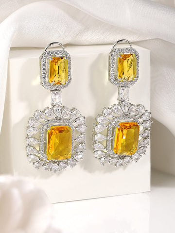 Rubans Rhodium plated AAA Cubic Zirconia Yellow Sapphire studded Statement Dangle Earring Earrings