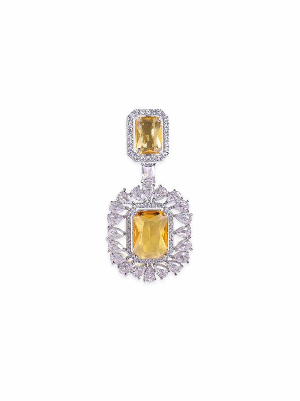 Rubans Rhodium plated AAA Cubic Zirconia Yellow Sapphire studded Statement Dangle Earring Earrings