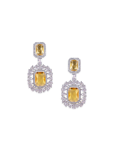 Rubans Rhodium plated AAA Cubic Zirconia Yellow Sapphire studded Statement Dangle Earring Earrings