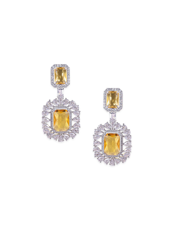 Rubans Rhodium plated AAA Cubic Zirconia Yellow Sapphire studded Statement Dangle Earring Earrings