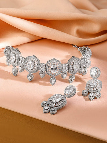 Rubans Rhodium-Plated AAA White Cubic Zirconia Studded Choker Jewellery Set for Women Jewellery Set
