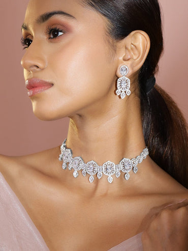 Rubans Rhodium-Plated AAA White Cubic Zirconia Studded Choker Jewellery Set for Women Jewellery Set