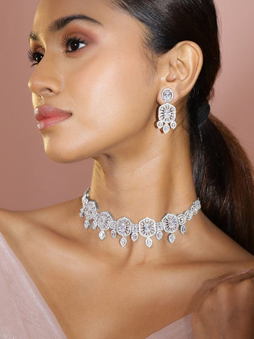 Rubans Rhodium-Plated AAA White Cubic Zirconia Studded Choker Jewellery Set for Women Necklace Set