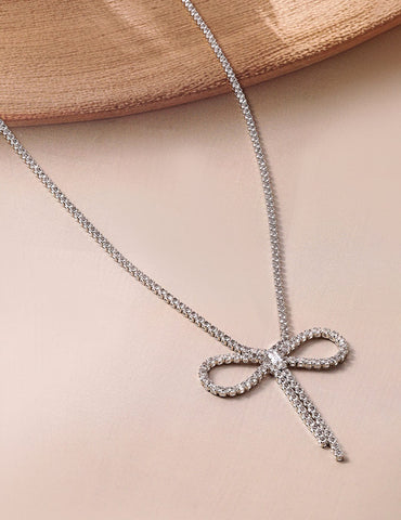 Rubans Rhodium Plated AD & Cubic Zirconia Studded Bow Design Statement Necklace Necklace & Chains