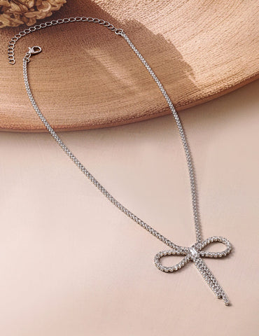 Rubans Rhodium Plated AD & Cubic Zirconia Studded Bow Design Statement Necklace Necklace & Chains