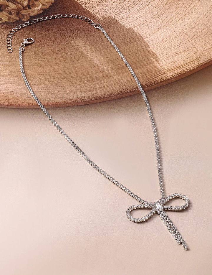 Rubans Rhodium Plated AD & Cubic Zirconia Studded Bow Design Statement Necklace Necklace & Chains