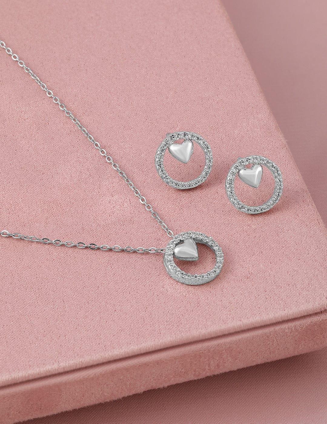 Rubans Rhodium-Plated AD & Cubic Zirconia Studded Circle Heart Charm Pendant Necklace Set Pendant Set