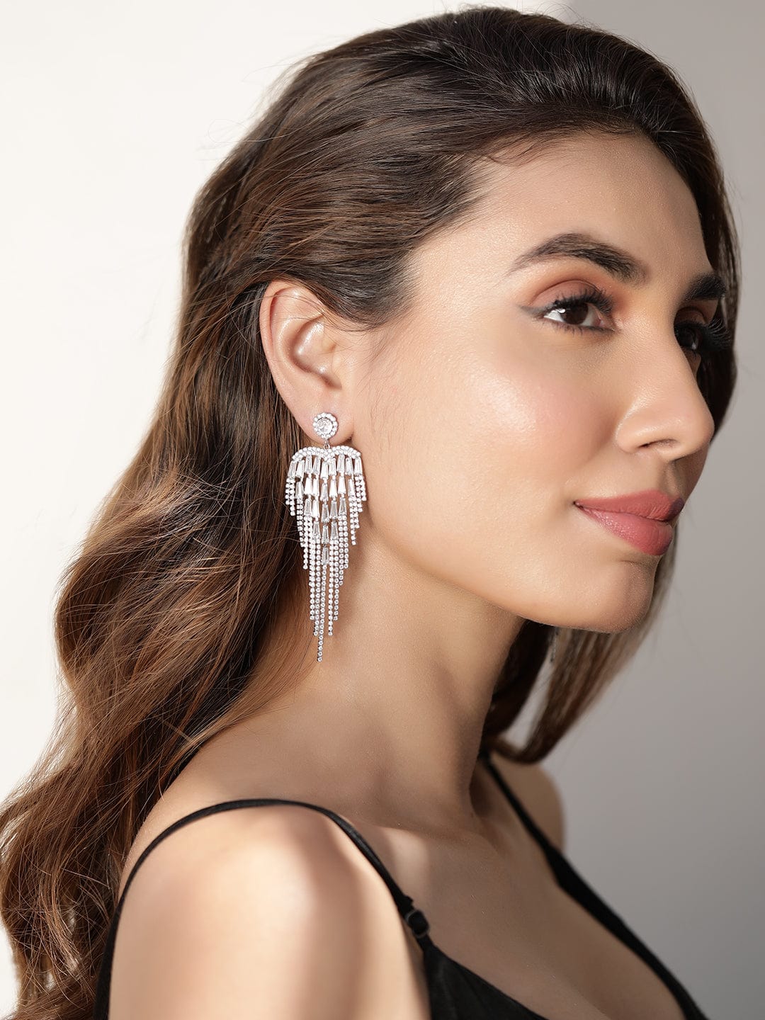 Rubans Rhodium-Plated AD & Cubic Zirconia Studded Glamorous Multilayer Drop Earrings Drop Earrings