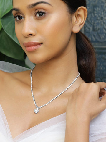 Rubans Rhodium-Plated AD & Cubic Zirconia Studded Heart Pendant Necklace Necklace and Chains