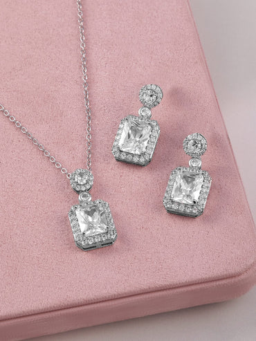 Rubans Rhodium Plated Ad & Cubic Zirconia Studded Premium Pendant Necklace Set Necklace & Chains