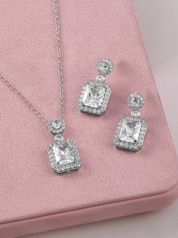 Rubans Rhodium Plated Ad & Cubic Zirconia Studded Premium Pendant Necklace Set Necklace & Chains
