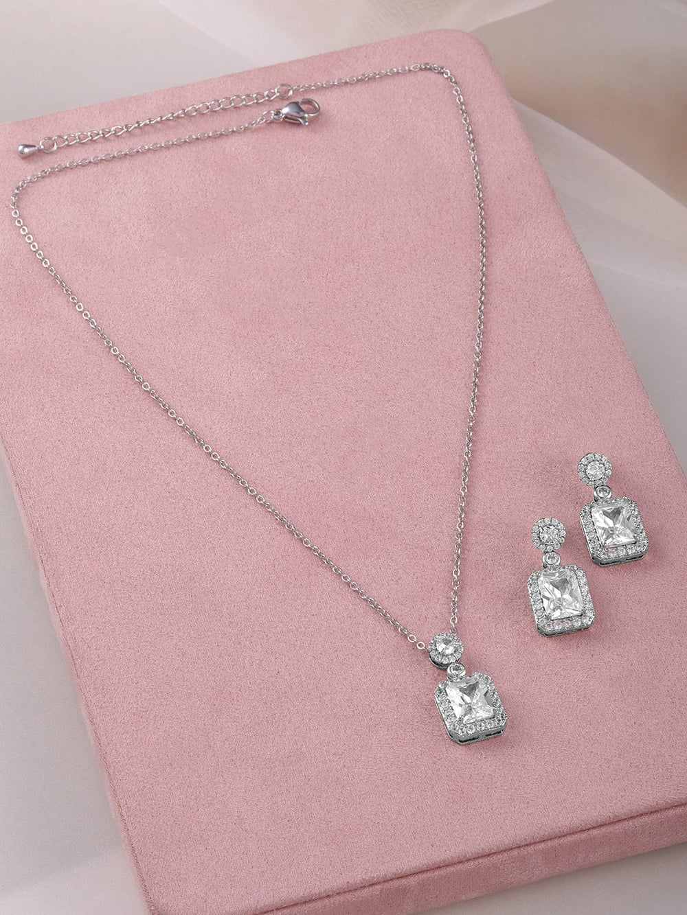 Rubans Rhodium Plated Ad & Cubic Zirconia Studded Premium Pendant Necklace Set Necklace Set