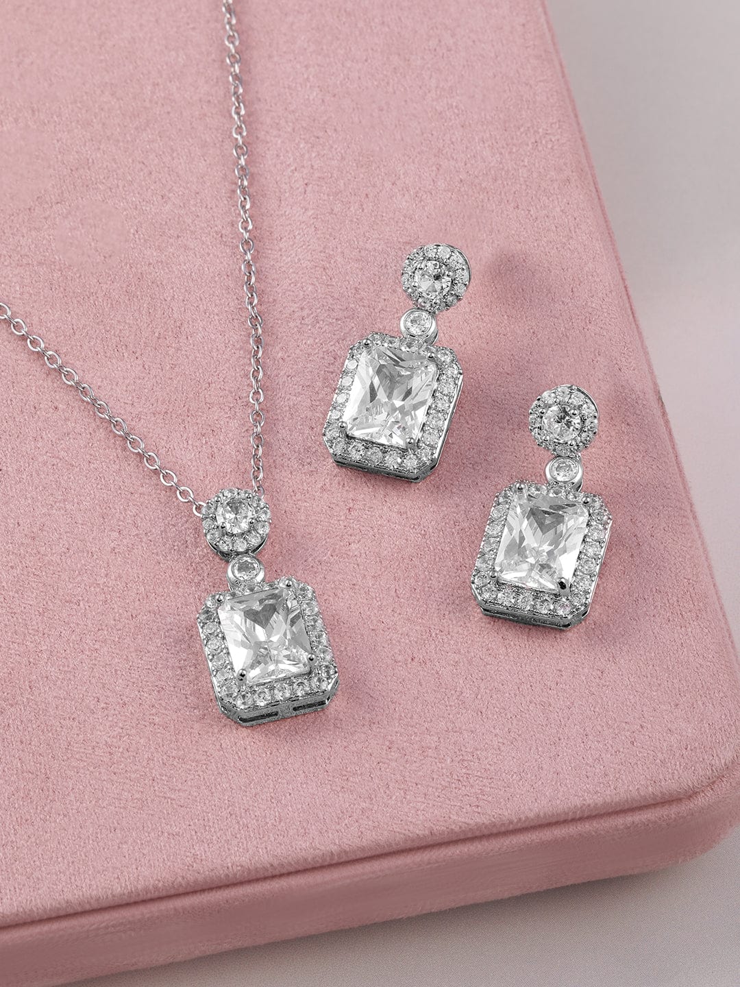 Rubans Rhodium Plated Ad & Cubic Zirconia Studded Premium Pendant Necklace Set Necklace Set