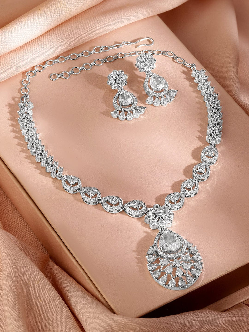 Rubans Rhodium-Plated AD & Cubic Zirconia Studded Statement Necklace Set Jewellery Set