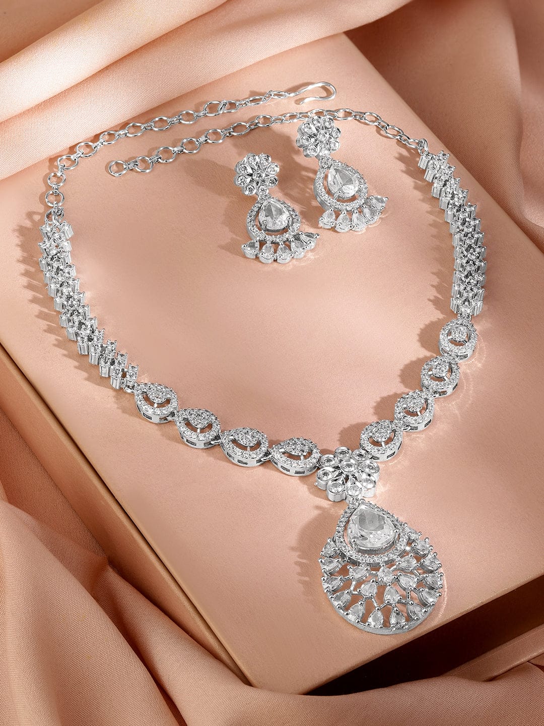 Rubans Rhodium-Plated AD & Cubic Zirconia Studded Statement Necklace Set Jewellery Set